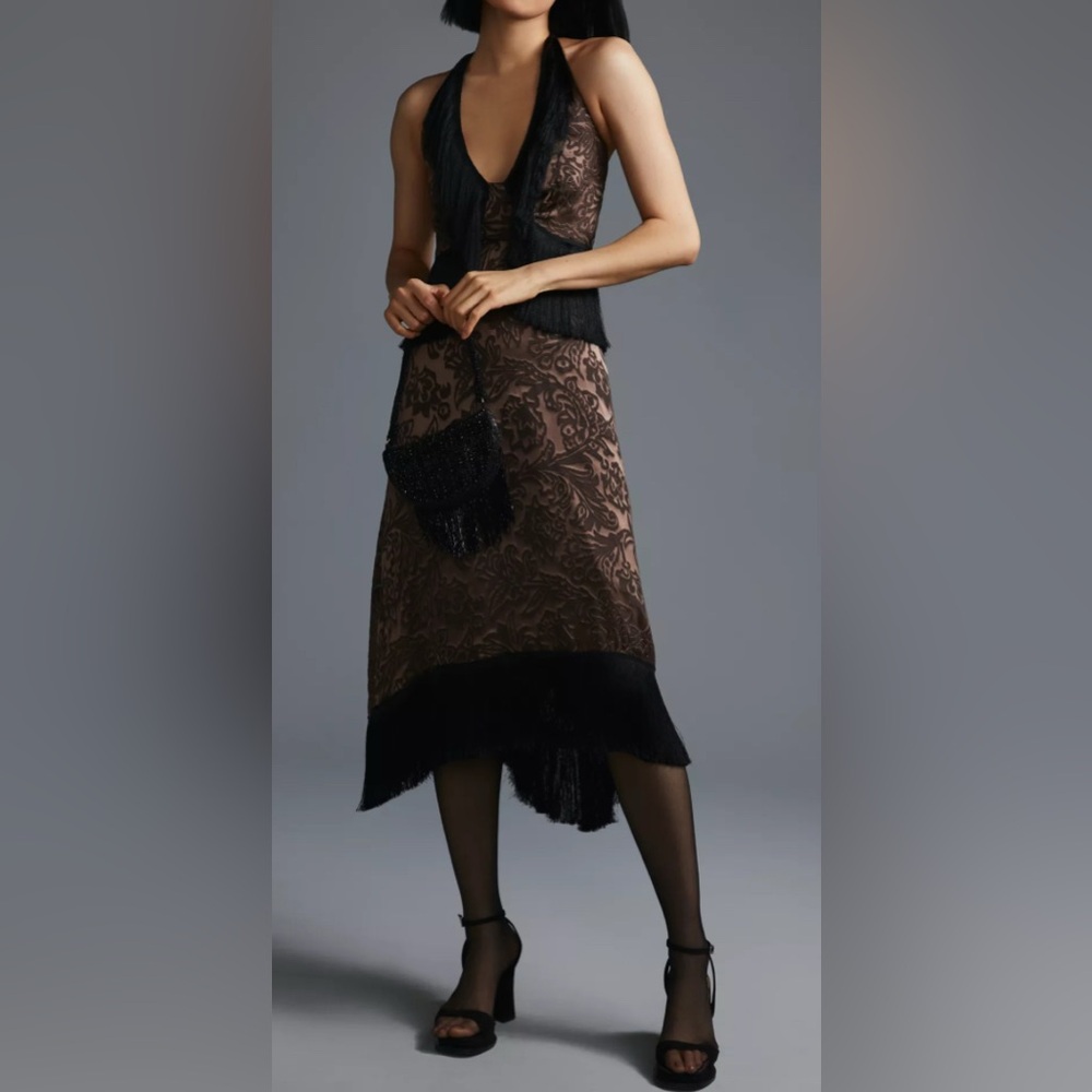 NWT Anthropologie Fringed Velvet Halter Dress Size 4